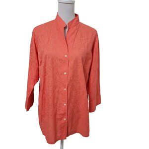 Liz Claiborne Size L Bright Coral / Salmon Button Front Burnout Blouse